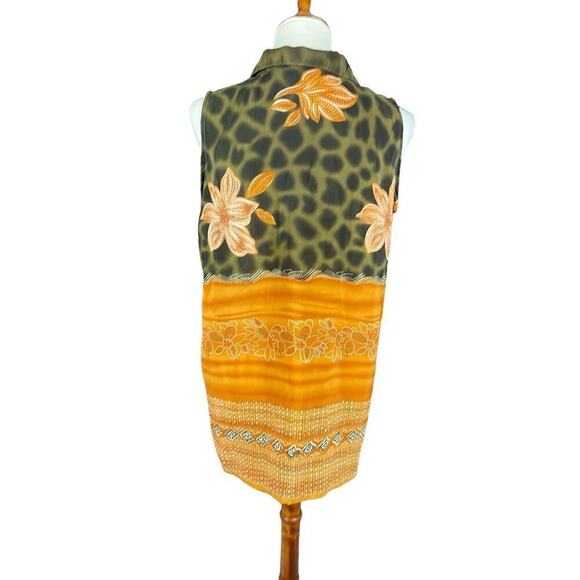 Marla Kim Olive Green & Rust Top Women Size Large Sleeveless Button Down Vintage - Picture 10 of 11